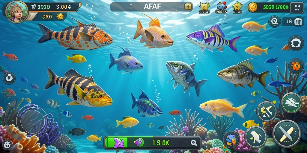 Gameplay seru AFAF dengan banyak ikan untuk ditembak.