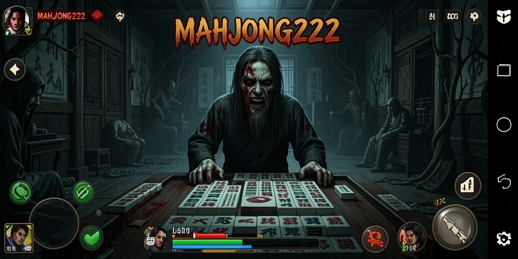 Screenshot utama MAHJONG222 menunjukkan suasana gameplay horor yang mencekam.