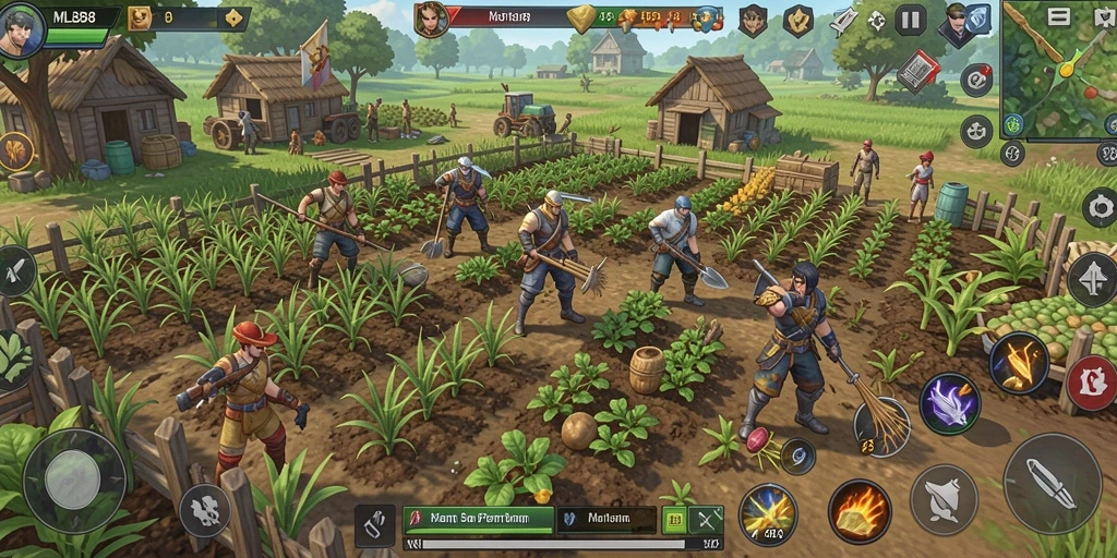 Tampilan gameplay MLBB8 dengan berbagai tanaman dan lahan pertanian yang subur.