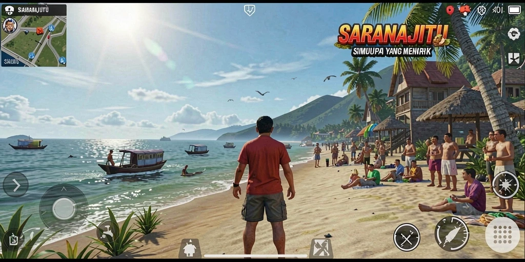 Screenshot utama SARANAJITU menampilkan interaksi sosial yang mendalam dalam simulasi kehidupan.