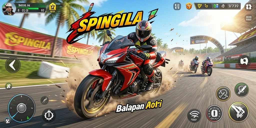 Tampilan gameplay SPINGILA dengan aksi balapan motor yang mendebarkan.